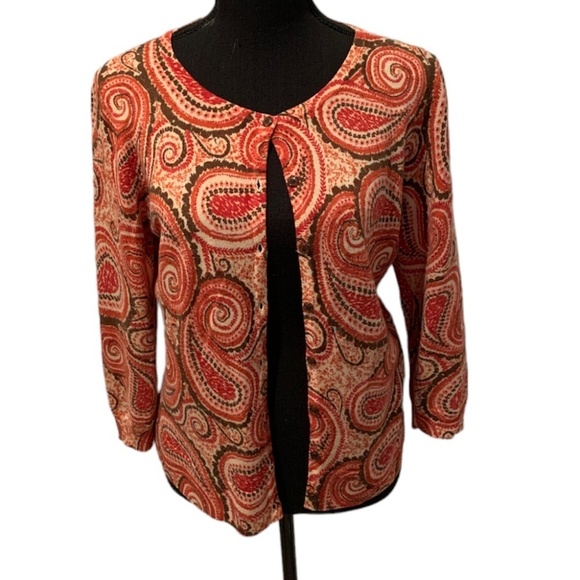 Talbots Pure Merino Wool Button Front Paisley Print Cardigan Small - Picture 1 of 5
